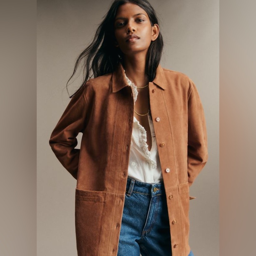 Sézane Will Jacket Camel Suede Goat Leather Button Front Classic Collar